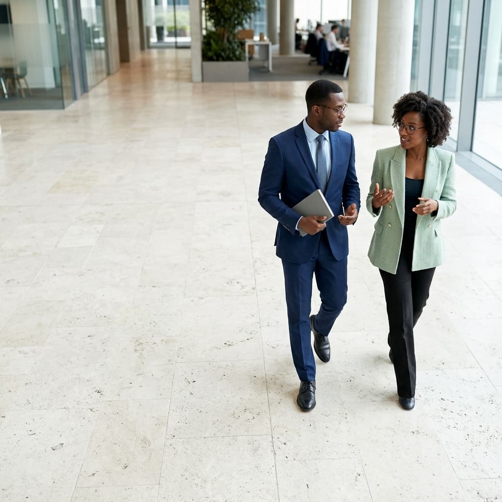 Two professionals discussing work while walking